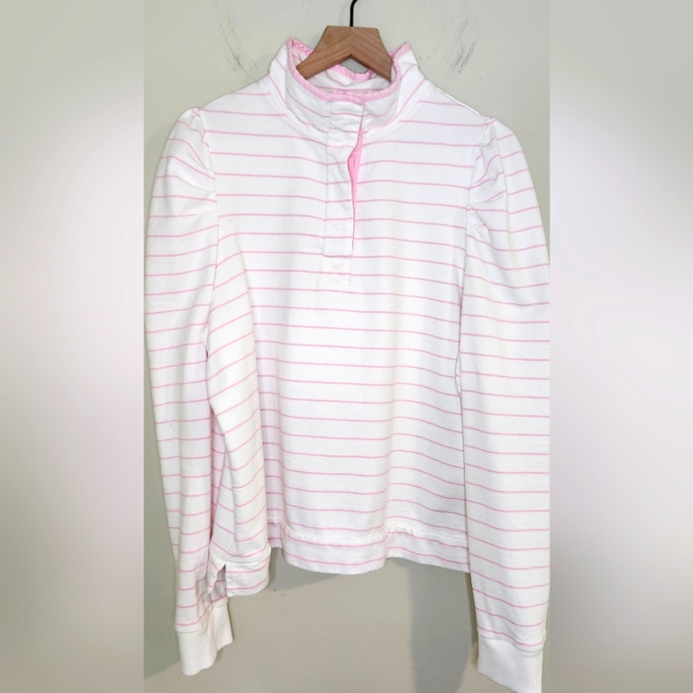 Crown & Ivy Top Women's XL White Pink Striped Button Collar Puff Sleeves Preppy